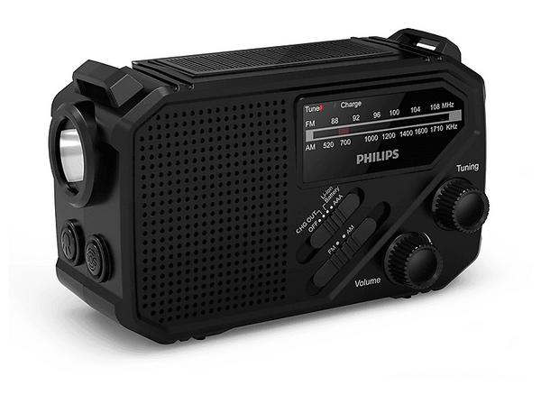 Radio portátil - Philips TAR1609/00, 1 W, Linterna, Recarga Solar, Cargador de Manivela, Sirena, Negro
