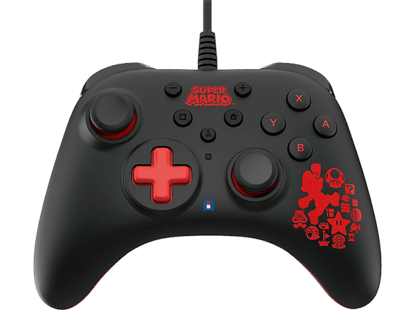 Mando - Hori Turbo Super Mario, Para Nintendo Switch, Con Cable, Negro y Rojo
