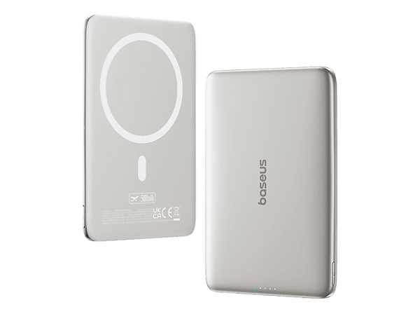 Powerbank - Baseus PicoGo AM41 Ultra-fina, 5000 mAh, 20W, Carga magnética, Con cable Tipo C 60W, Carga Pass-Through, Carga rápida, Blanco Titanium