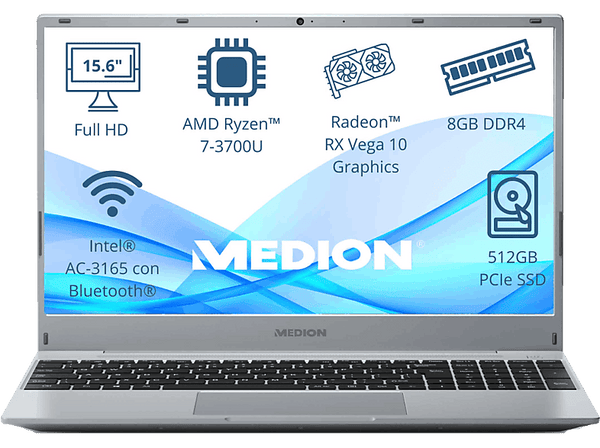 Portátil - Medion Akoya MD62430, 15.6" Full-HD, AMD Ryzen™ 7 3700U, 8GB RAM, 512 GB SSD, Radeon™ RX Vega 10, Sin sistema operativo