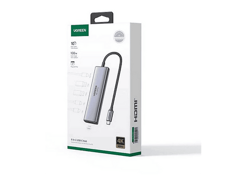 Hub - Ugreen UGR35999, 2x USB-C, 2x USB-A, 1x HDMI, 1x PD100W, 6 en 1, Gris