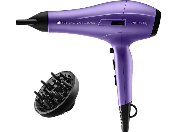 Secador - Ufesa Profesional X-Treme Shine, 2600 W, 3 temperaturas, 2 Velocidades, Difusor incluido, Función Iónica, Morado