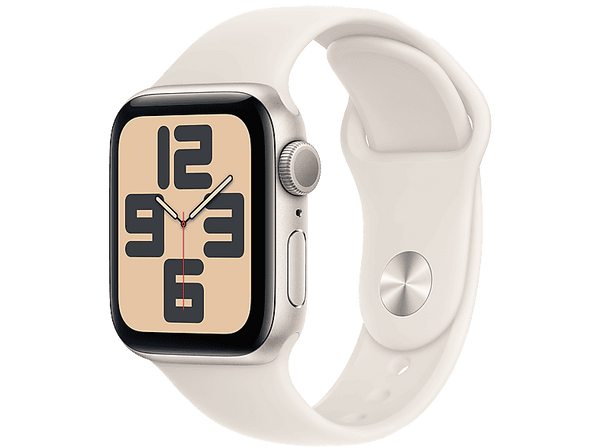 Apple Watch SE (2024), GPS, 40 mm, Caja de aluminio Blanco estrella, Vidrio delantero Ion-X, Correa deportiva Blanco estrella, Talla S/M