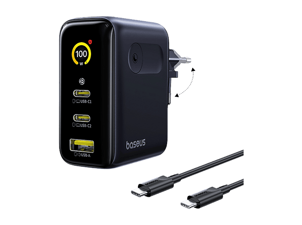Cargador de pared - Baseus PicoGo AE21, 100W, Triple carga rápida, USB y Tipo-C, Con cable 150 cm, Pantalla digital en tiempo real, Universal, Negro