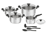 Olla - Tefal Primary set E308S, 11 piezas, Cazo 16 cm, Cacerolas 18/20/24, Tapas de cristal, Espátula, Cuchara, Cucharon, Acero inoxidable, Inducción