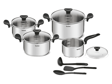 Olla - Tefal Primary set E308S, 11 piezas, Cazo 16 cm, Cacerolas 18/20/24, Tapas de cristal, Espátula, Cuchara, Cucharon, Acero inoxidable, Inducción