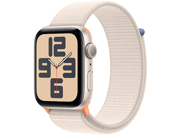 APPLE Watch SE (2023), GPS, 44 mm, Caja de aluminio blanco estrella, Vidrio delantero Ion-X, Correa Sport Loop blanco estrella