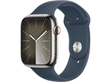Apple Watch Series 9 (2023), GPS+CELL, 45 mm, Gesto de doble toque, Caja de acero inoxidable plata, Correa deportiva azul tempestad, Talla S/M