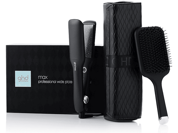 Plancha de pelo - ghd Max gift set, Cerámica, 150 W, 185 °C, Placas anchas, Negro