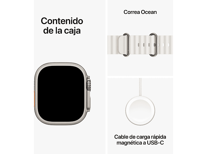 Apple Watch Ultra 2 (2023), GPS + Cellular, 49 mm, Caja de titanio, Gesto doble toque, Correa Ocean Band de color Blanco