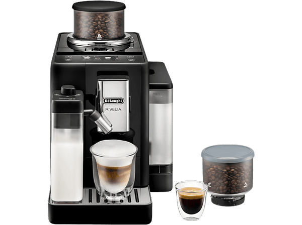Cafetera superautomática - De'Longhi Rivelia EXAM440.55.B, Molinillo integrado, LatteCremaHot, Depósito leche, Táctil, 16 recetas, 19bar, 1450W, Negro