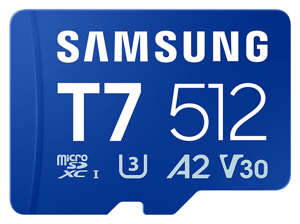 Tarjeta Micro SDXC - Samsung T7  MB-MB512T, 512 GB, Lectura hasta 170 MB/s, UHS Clase 3, A2, V30, Azul