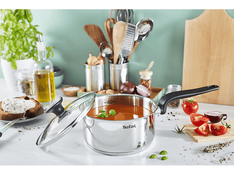 Olla - Tefal Primary set E308S, 11 piezas, Cazo 16 cm, Cacerolas 18/20/24, Tapas de cristal, Espátula, Cuchara, Cucharon, Acero inoxidable, Inducción