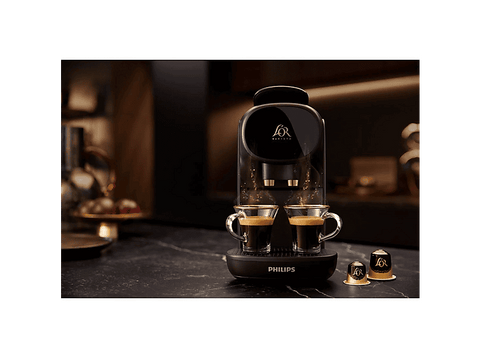 Cafetera de cápsulas - L’OR Barista Sublime LM9012/65 + 50 cápsulas, Sistema antigoteo, 2 tazas, Presión 19 bar, 0.8 l, 1450 W, Piano Noir