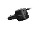 Cargador coche - Belkin BBC036hqDG-MR, Compatible con dispositivos alimentados por USB-C, Cable USB-C retráctil, Negro