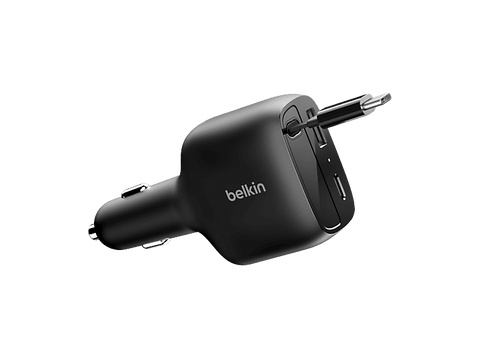 Cargador coche - Belkin BBC036hqDG-MR, Compatible con dispositivos alimentados por USB-C, Cable USB-C retráctil, Negro