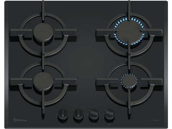 Placa de gas - Balay 3ETG664RB, 4 Zonas, 30 cm Diámetro Zona Grande, 59 cm Anchura, Gas Butano, Cristal Templado, Negro