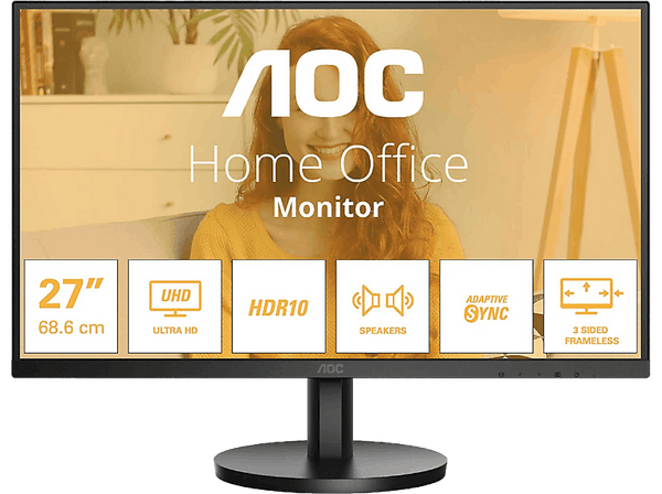 Monitor - AOC U27B3A, 27" UHD 4K, 60 Hz, 4 ms GtG, IPS, Adaptive Sync, HDR10, Antibrillo, Sin marco