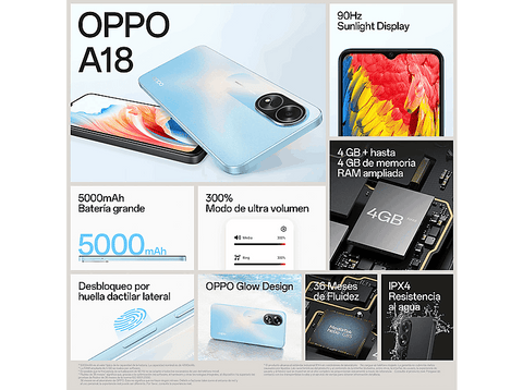 Móvil - OPPO A18, Negro, 128 GB, 4GB RAM, 6.56