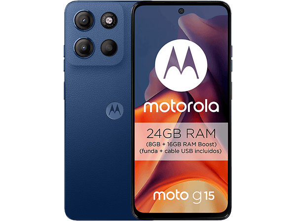 Móvil - Motorola Moto g15, Navy Peony, 512 GB, 8 GB RAM, 6.72" LCD, MediaTek Helio G81, Full HD+, Cuero Vegano, 5200 mAh