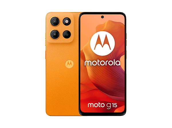 Móvil - Motorola Moto g15, Naranja, 128 GB, 8 GB RAM, 6.72" LCD, MediaTek Helio G81, Full HD+, Cuero Vegano, 5200 mAh