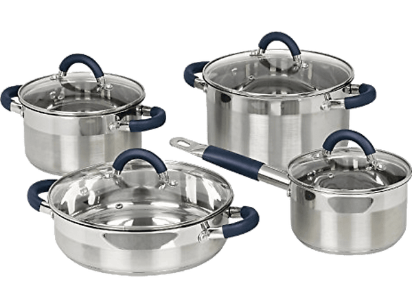 Set de ollas - Jata Hogar BC 8, 4 piezas de acero inoxidable con 4 tapas de vidrio, apto para todo