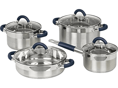 Set de ollas - Jata Hogar BC 8, 4 piezas de acero inoxidable con 4 tapas de vidrio, apto para todo