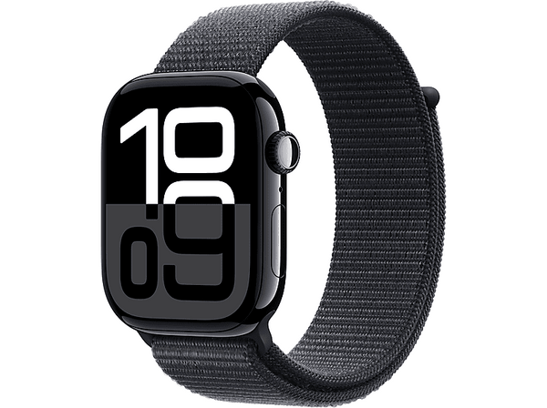 Apple Watch Series 10 (2024), GPS + Cellular, 46 mm, Gesto de doble toque, Caja de aluminio Negro azabache, Correa deportiva Negra, Talla S/M