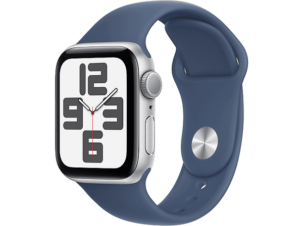 Apple Watch SE (2024), GPS, 40 mm, Caja de aluminio Plata, Vidrio delantero Ion-X, Correa deportiva Azul denim, Talla S/M