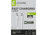 Cable USB - CellularLine USBDATA100C2C5A2MW, USB-C - USB-C, 2 m, 100W, 5A, Carga Rápida, Blanco