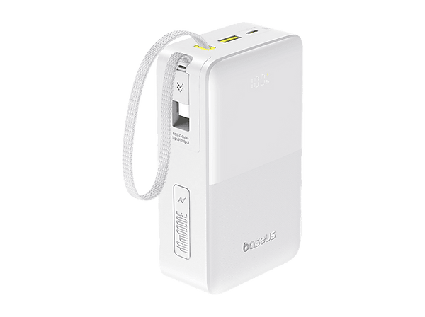 Powerbank - Baseus EnerFill Bipow 2 Pro, 30000mAh, 22.5W, Con cable retráctil Tipo-C, Carga bidireccional y simultánea, Pantalla inteligente, Blanco