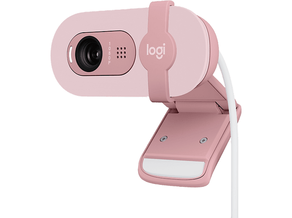 Webcam - Logitech Brio 100, Iluminación automática, Full HD 1080p, USB, Micrófono omnidireccional integrado, Tapa de privacidad, PC-Mac, Rosa
