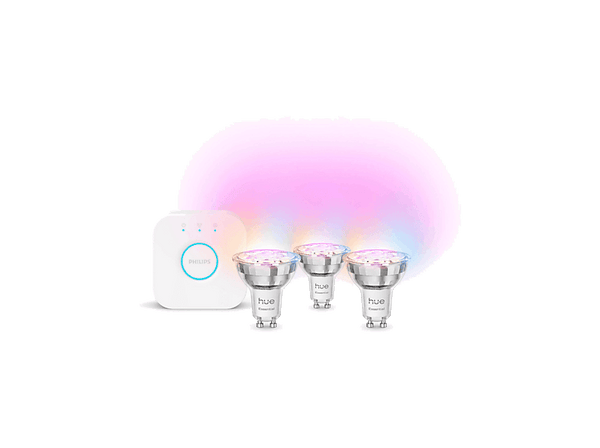 Bombilla Inteligente - Hue Essentials Kit Bombillas LED GU10, 806 Lm, RGB, Compatible Con Alexa, Google, AppleHomekit, Kit 3 bombillas+Hue Bridge