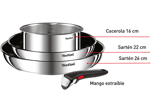 Set de sartenes - Tefal L881S4 Ingenio, 4 piezas, Mango extraíble, Revestimiento titanio antiadherente, Indicador de calor, Acero Inox