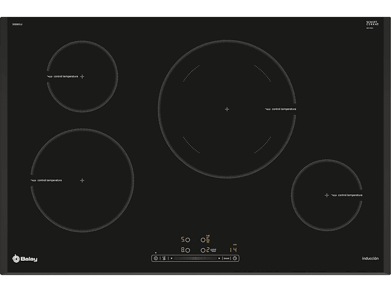 Placa inducción - Balay 3EB985LU, 4 zonas, 28 cm, Negro