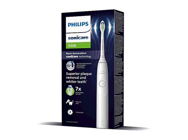 Cepillo eléctrico - Philips Sonicare HX7108/01 Serie 5300, Autonomía de 21 días, Tecnología sónica, Sensor de presión, 2 velocidades, blanco