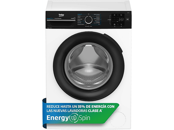 Lavadora carga frontal - Beko BM3WFSU38213, 8 kg, 1200 rpm, 15 Programas, Inverter, Función Vapor, EnergySpin, Blanco