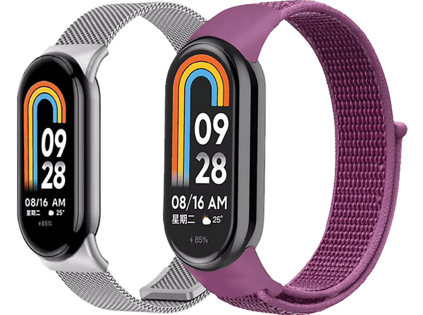 Pack Correas - Friendly License FRSWB096, Acero inoxidable y Nylon, Tamaño Muñeca 15-21 cm, Compatible con Xiaomi 9  y 8, Magenta y Milanesa  plata