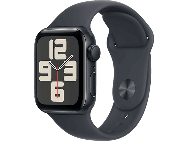 Apple Watch SE (2024), GPS + Cellular, 40 mm, Caja de aluminio Medianoche, Vidrio delantero Ion-X, Correa deportiva Medianoche, Talla M/L