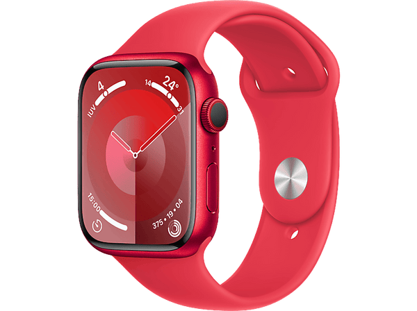 Apple Watch Series 9 (2023), GPS+CELL, 45 mm, Gesto de doble toque, Caja de aluminio roja, Correa deportiva (PRODUCT)RED, Talla S/M