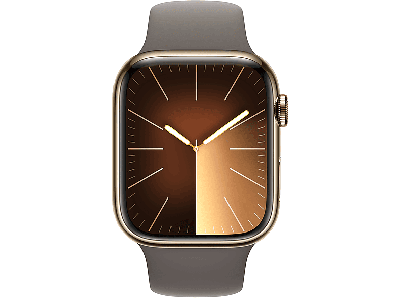 Apple Watch Series 9 (2023), GPS+CELL, 45 mm, Gesto de doble toque, Caja de acero inoxidable oro, Correa deportiva arcilla, Talla M/L