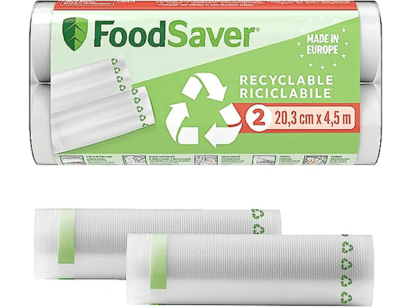 Bolsas de envasado - FoodSaver FSRE2002X-01, Plástico mixto, 2 rollos, 20.3x4.5cm, Apto para congelar y cocer, Transparente
