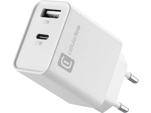 Cargador - CellularLine ACHOTHUSB2PD20WW, 20 W, Super Fast Charging, Sin Cable, Blanco