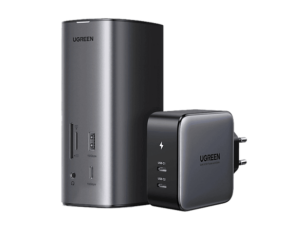 Docking station - Ugreen 90325, 4x USB-A, 3x USB-C ,LAN RJ45, Salida de audio, Lector de tarjetas, 1x HDMI, 1x DisplayPort, Gris