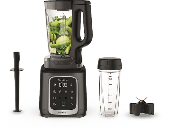 Batidora de vaso - Moulinex InfinyMix+ LM91HD, 1600 W, 2.6 L, 6 Cuchillas, 10 velocidades, Tecnología Powelix, 5 Programas, Vaso Tritan, Titanio