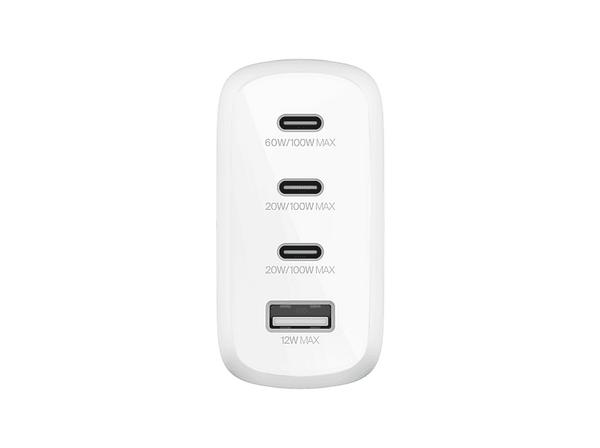 Cargador de pared - Belkin BBC023kqWH-MR, Compatibilidad Universal, 3x USB-C, 1x USB-A, 112 W, Blanco