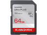 Tarjeta SD - SANDISK Ultra Plus, 64 GB, UHS-I, Vídeo Full HD, V10, U1, C10, Resistente al Agua, Plata