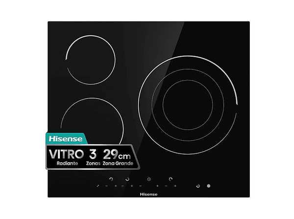 Placa vitrocerámica - Hisense E6322C 3, 3 zonas, Zona XL 30 cm, Control táctil, 60 cm, Negro