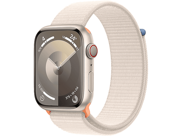 Apple Watch Series 9 (2023), GPS+CELL, 45 mm, Gesto de doble toque, Caja de aluminio blanco estrella, Correa Sport Loop blanco estrella