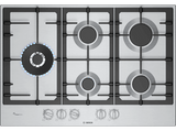 Placa de gas - Bosch PCS7A5I90, 5 zonas, 30 cm zona grande, Gas natural, 75 cm, Acero inoxidable